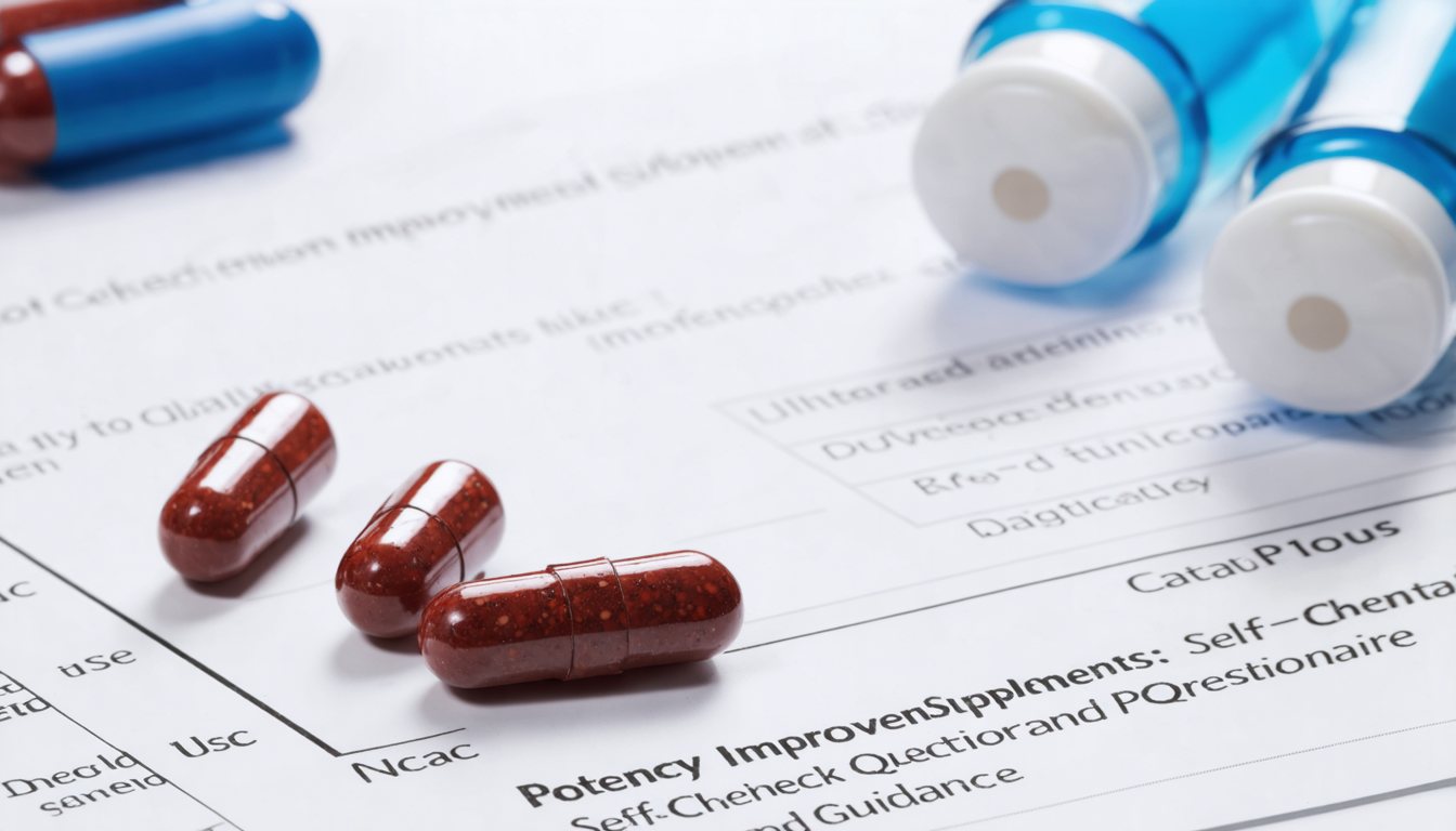 Man reviewing a health checklist about potency improvement supplements with dietary supplement capsules on a table